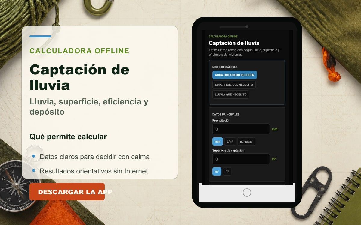 Portada con la calculadora real de captación de lluvia de Modo Crisis Survival