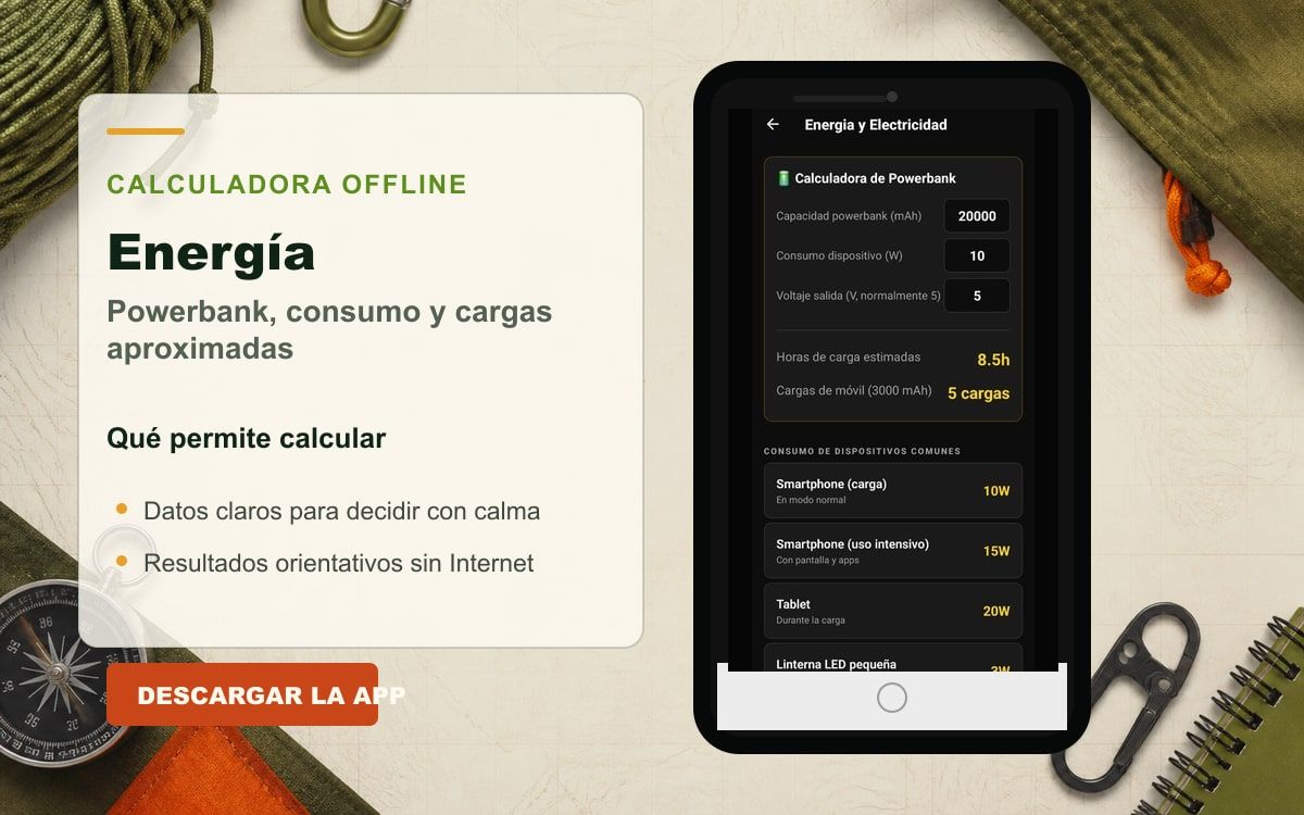 Portada con la calculadora real de energía y powerbank de Modo Crisis Survival