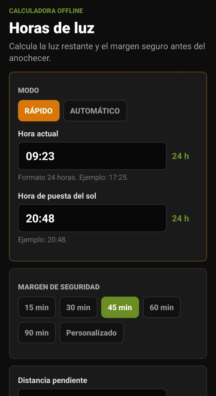 Pantalla de Horas de luz con hora actual, puesta de sol y margen de seguridad