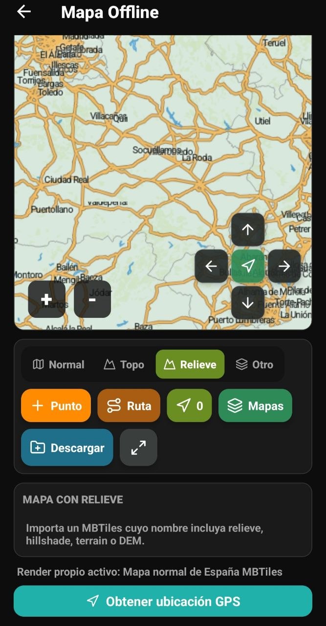 Pantalla de mapas con la pestaña Relieve seleccionada